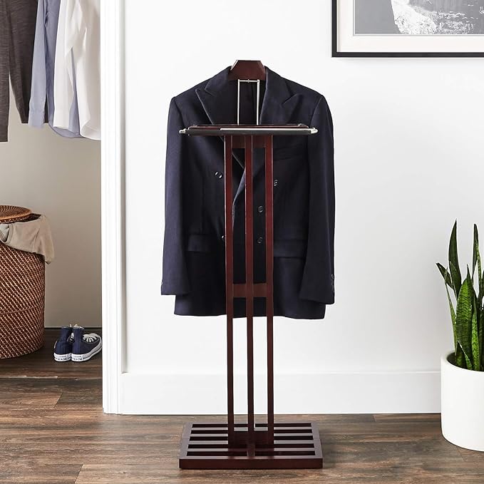 Proman Products Kyoto Suit Valet Stand VL36220 with Large Top Tray, Contour Hanger, Trouser Bar, Tie & Belt Hooks, 17” W x 12.5”D x 45”H, Mahogany
