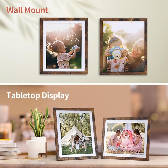 Lyeasw 8x10 Picture Frame 15 Pack, Display Pictures 8x10 with Mat or 9x11 without Mat, Brown Rustic Bulk Photo Frames for Wall or Tabletop