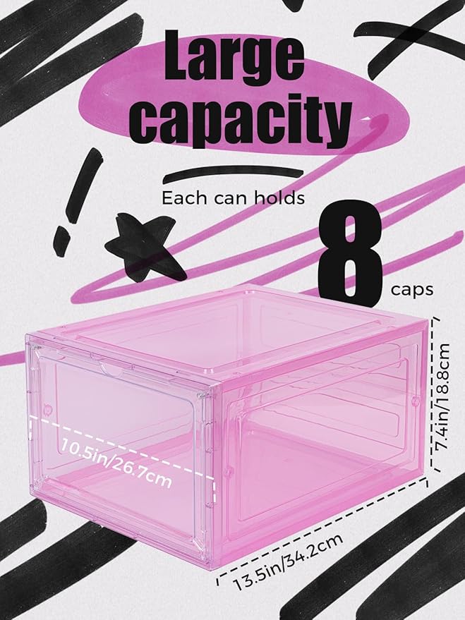 6 Pack Hat Organizer Box, Stackable Clear Baseball Caps Holder Box Containers with Magnetic Door for Hats Snapback Cap Storag, Hat Rack Display Case, Holds 8 Hats Each (Pink)