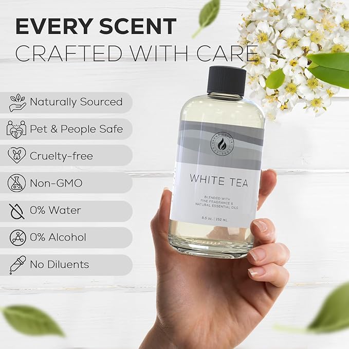 Aroma Country White Tea Diffuser Oil - Luxury Essential Oils for Diffuser Refill & Air Freshener Room Spray, Long-Lasting, Natural Fragrance and Hotel Scent for Diffusers & Machines (8.5 Fl Oz)