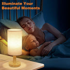 Small Touch Table Lamp with Stepless Dimming&USB Plug,Natural Round Wood Base&Linen Fabric Shade |Soft Ambient Warm Night Light|Minimalist Boho Bedside Lamp for Bedroom,Nightstand,Nursery,Kitchen,Dorm