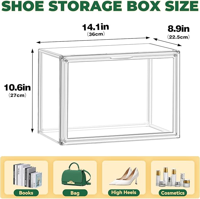 10 Pack Acrylic X-Large Sneaker Shoe Storage Display Case Shoe Boxes Clear Plastic Stackable Bins Boot Handbag Organizer Shoe Cabinet with Magnetic Lids,Size 14