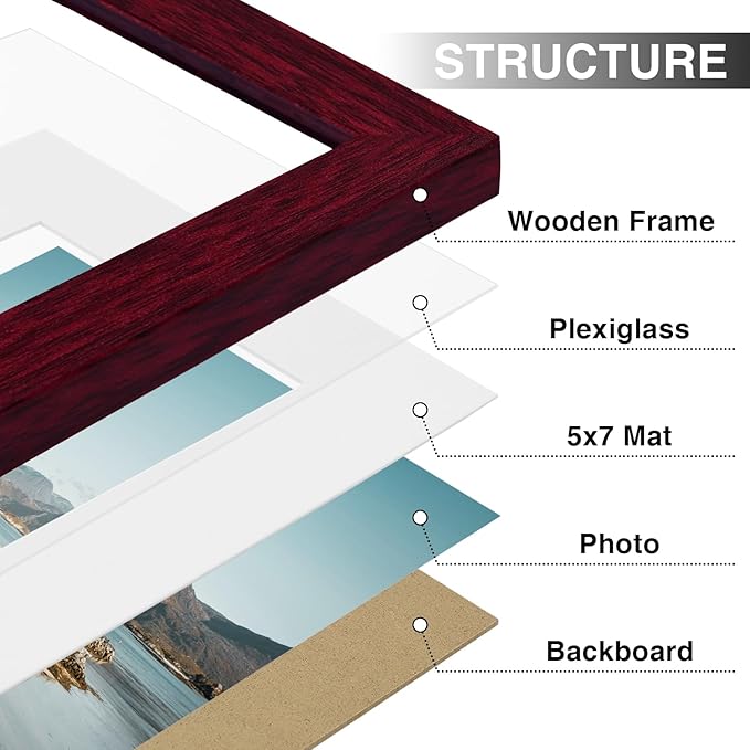 Vittanly 8x10 Picture Frames Set of 9, Shatter Resistant Plexiglass, Display 5x7 Pictures with Mat or 8x10 without Mat, Photo Frames for Wall or Tabletop, Engineered Wood, Cherry Red