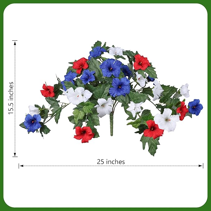 HyeFlora Artificial Flowers for Outdoors 2PCS Spring Faux Morning Glory Look Real Silk Flowers for Outside Planter UV Resistant Fake Flowers for Home Garden Balcony Yard Porch Deco (RedBlueWhite)