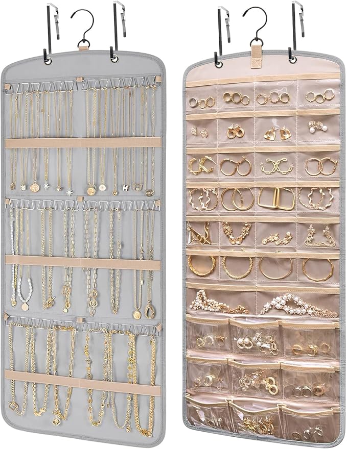 Wome Over the Door Jewelry Organizer Hanging: Double-Sided Storage with 28 Small 2 Large 9 Medium Pockets for Earrings Necklaces Rings Durable Polyester for Door or Closet or Wall or Glass (grey)