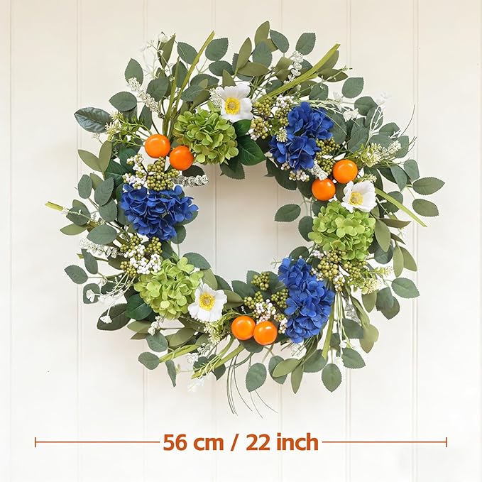 Idyllic 22 Inch Spring Wreath Blue Green Hydrangea with Orange Berries White Flowers Front Door Window Mantel Wedding Home Decor