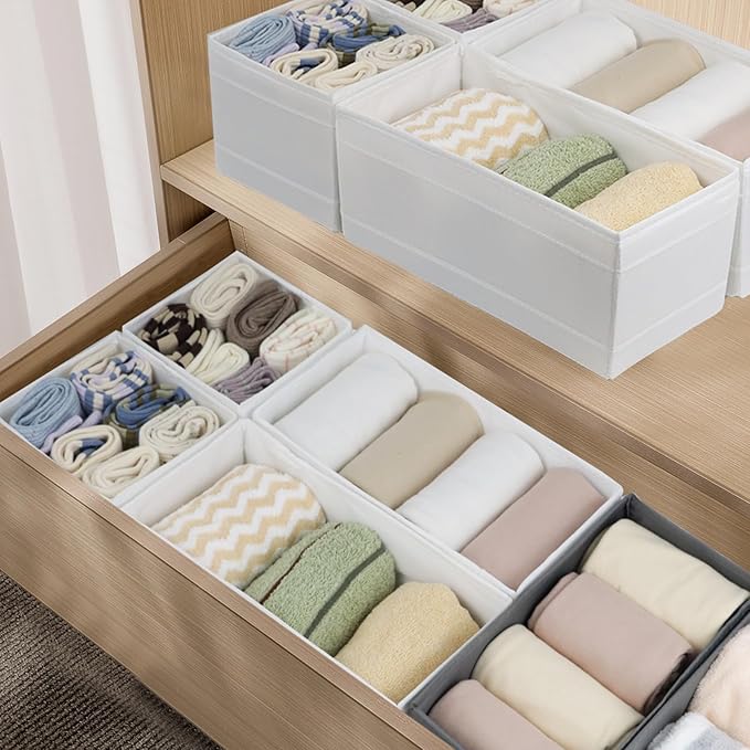 Washable Cloth Drawer Organizer, Set of 4 Foldable Sock Dresser Drawer Organizers Storage Boxes, Fabric Storage Boxes Closet Cabinet Organizer for Clothes (White, S+2M+L)