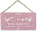Wall Pediments Shoes Off Sign,Shoes Off Sign for Front Door,Since Little Fingers Touch Our Floor Door Sign,Shoes Off Hanging Welcome Sign for Front Door,12x6 Inches，Wood Grain-3