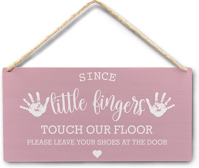 Wall Pediments Shoes Off Sign,Shoes Off Sign for Front Door,Since Little Fingers Touch Our Floor Door Sign,Shoes Off Hanging Welcome Sign for Front Door,12x6 Inches，Wood Grain-3