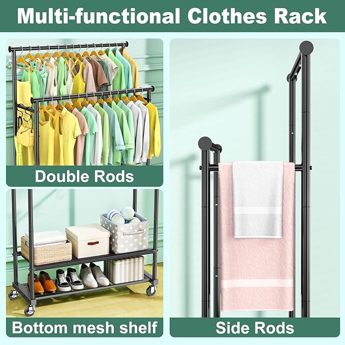 Clothes Rack with Double Rod for Hanging, Heavy Duty Clothing Rack Load 350 LBS with Lockable Wheel, Free Standing Garment Rack with 2 Shelves and Side Hooks for Home Commercial (Black)