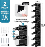 Hat Organizer for Baseball Caps, 2 Pack Hat Rack for Wall Closet Door Hold up to 16 Hats,Hat Holder with Adhesive and 8 Screws, Hat Hanger Cap Holder Hat Hangers for Wall Closet Door Bedroom(A-Black)