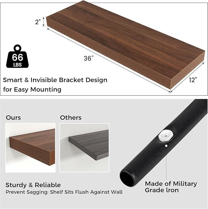Venusmiles Floating Shelves for Wall, 36 Inch Wide x 12 Inch Deep Floating Shelves, Long Wood Floating Wall Shelf Shelves for Living Room Bathroom Bedroom Kitchen Home - (Walnut, 36" W x 12" D x 2" H)