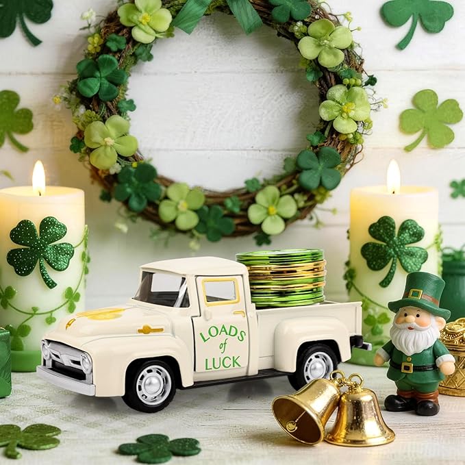 St Patricks Truck Decor White Metal Car with Gold Green Coin St Patrick’s Day Decor Farmhouse Vintage Green Metal Truck Decor Irish Party Decoration Vintage Collectible Car for Desk Bookshelf