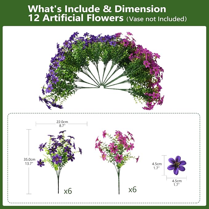 Artificial Flowers for Outdoor Faux Flower Spring Decoration, 12 Bundles Fake Plants Silk Daisy Bulk UV Resistant Realistic for Outside Porch Patio Balcony Planter Yard Garden Home Decor(Purple)
