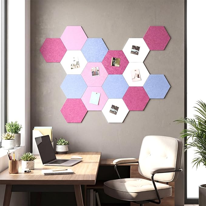 Mindsoft 16 Pcs Hexagon Cork Board for Walls with 50 Wooden Push Pins 12x10 in Felt DIY Tiles Notice with Nano Tape Hanging Bulletin Board for Home Photo Office Memo Note(Pink)