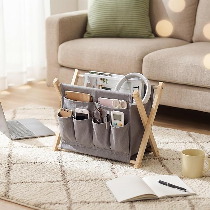 Sliner 1 Pack Foldable Magazine Rack with 6 Pockets 14x10.4 Inch Book Basket Storage Holder for Books, Newspapers, Home Couch Tablet Magazine Holder for TV Remote Control Living Room
