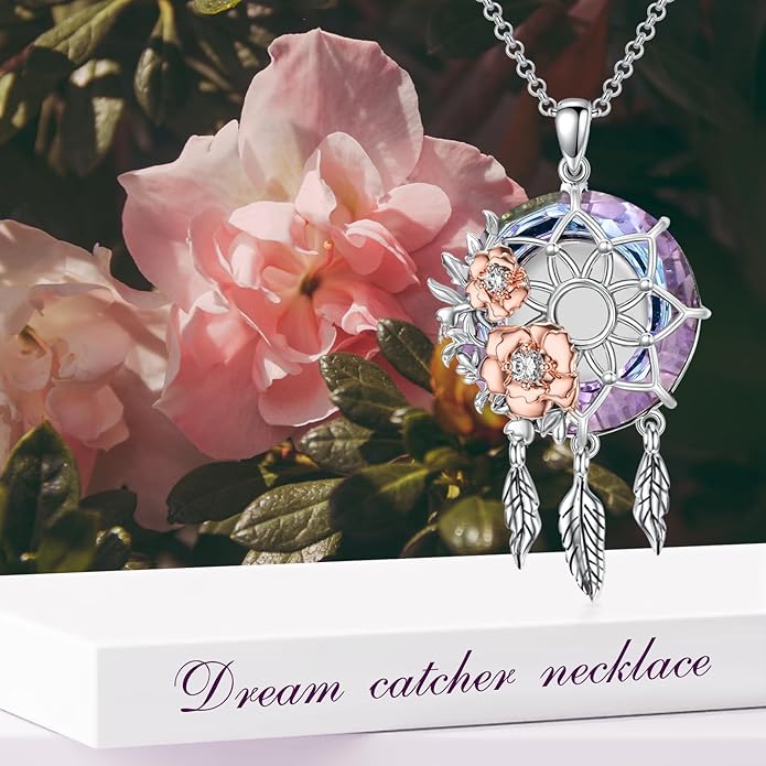 Dream Catcher Crystal Pendant Flower Urn Necklace Jewelry 925 Sterling Silver Keepsake Cremation Necklaces for Human Pet Ashes for Women