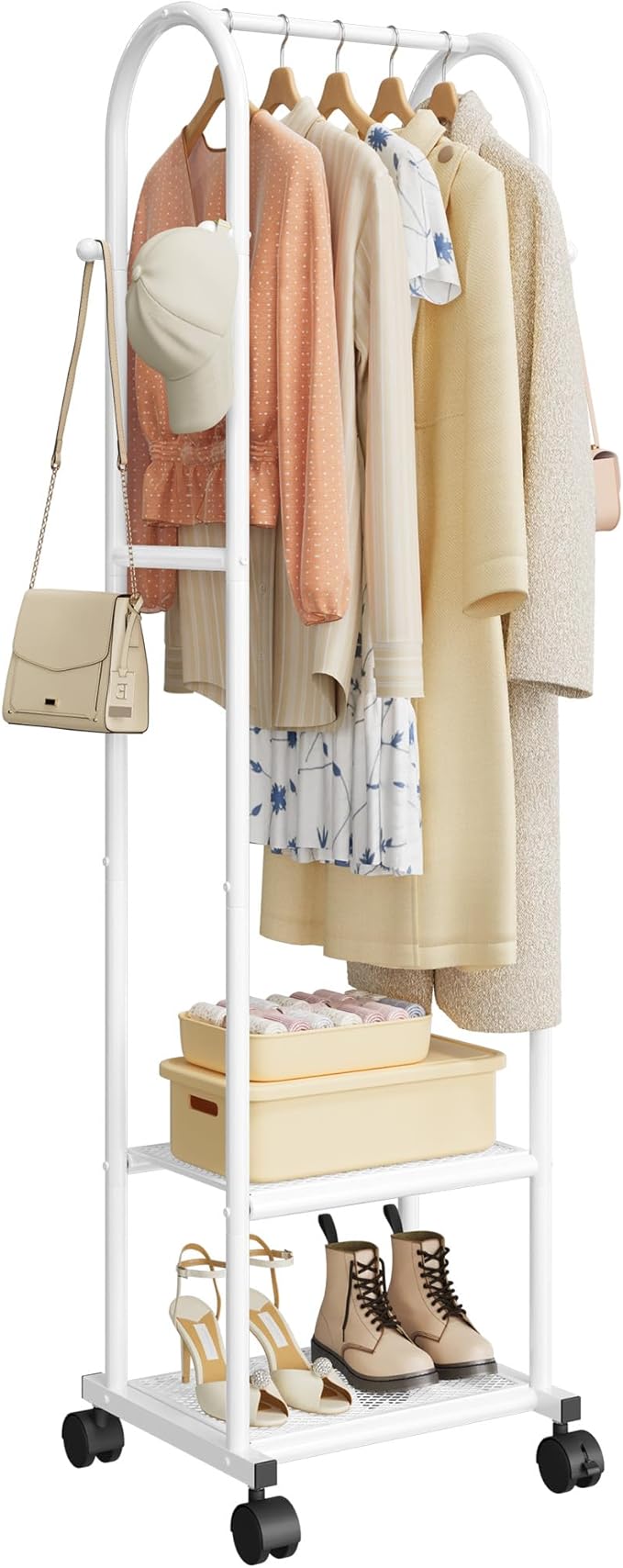 Heavy Duty Premium Clothes Rack with 2-Tier Mesh Shoe Shelves & 4 Hooks, Lockable Wheels, Space-Saving, Multi-Functional for Bedroom, Entryway, Closet, Modern Design, 18.4" x 12.6" x 72", White