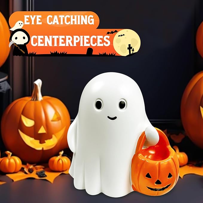 Halloween Ghost Decor, Cute Pumpkin Ghost Figurine for Halloween Decoration Indoor, Resin Ghost Statue for Desk Tabletop Centerpieces, Spooky Home Decor