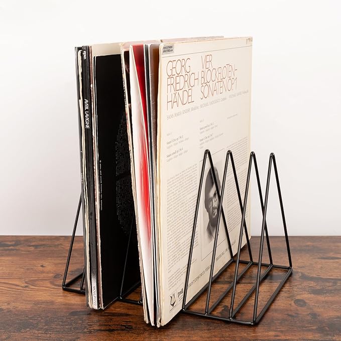 Udreamer 9 Slot Vinyl Holder,Desktop Vinyl Record Storage Holds Up 30 Vinly Records,Metal Magazine Rack Triangle File Holder for Office Homer,Black