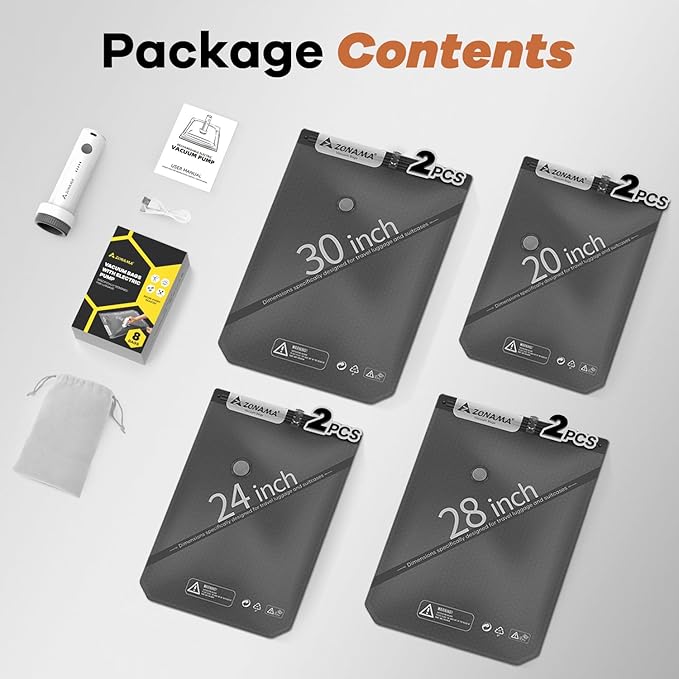 Vacuum Storage Bags for Travel with Wireless Rechargeable Air Pump, 8 Pack Travel Essentials Space Saver Compression Bag for Luggage, Suitcase, Backpack, Vacuum Seal Bags for Home Storage Clothing