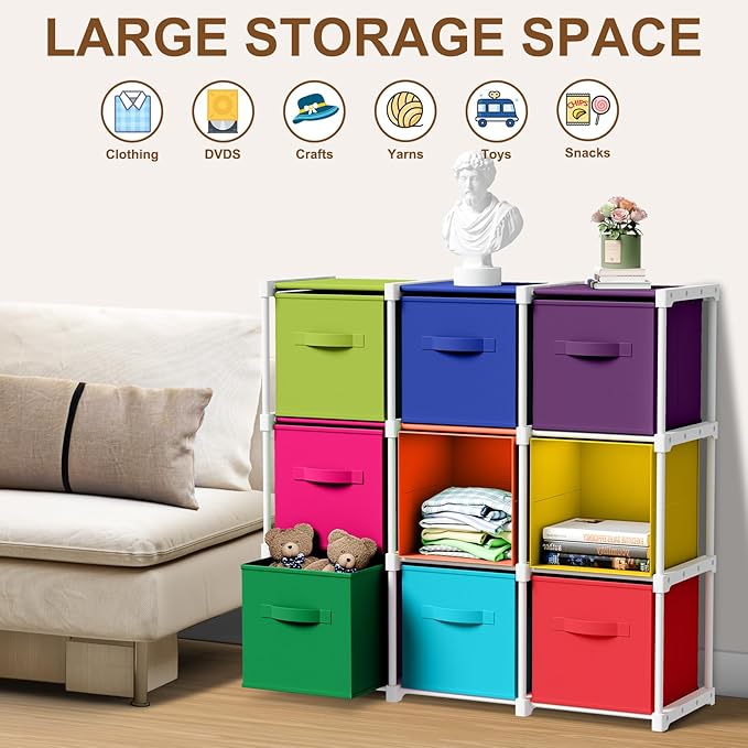 9 Cube Storage Organizer with Shelf Back to School Boxes 11 Inch Toy Storage Bins Closet Organizers Drawers Fabric Dresser for Playroom Books Bedroom Dorm Kitchen (Multicolor)