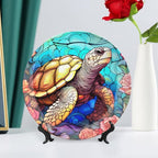Decorative Plates for Wall Hanging, Sea Turtle Stained Glass Print Ceramic Plate w/Display Stand, Home Decor for Kitchen Cabinets, Farmhouse Round Tray 10 Inch, Gift for Turtle Lovers