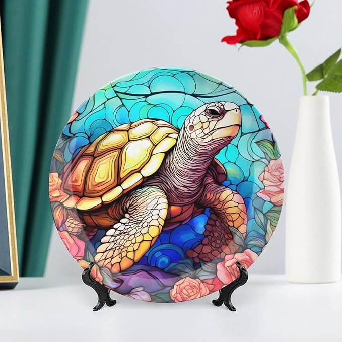 Decorative Plates for Wall Hanging, Sea Turtle Stained Glass Print Ceramic Plate w/Display Stand, Home Decor for Kitchen Cabinets, Farmhouse Round Tray 10 Inch, Gift for Turtle Lovers