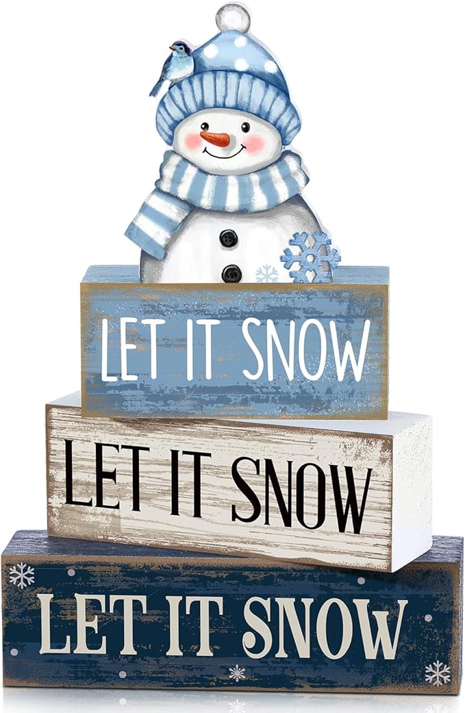 Lineshading 4 Pcs Christmas Table Decoration Blue and White Snowman Decor Winter Tiered Tray Decor Christmas Centerpiece Decorative Wooden Snowman Block Sign Gift Winter Decoration for Home Kitchen