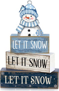 Lineshading 4 Pcs Christmas Table Decoration Blue and White Snowman Decor Winter Tiered Tray Decor Christmas Centerpiece Decorative Wooden Snowman Block Sign Gift Winter Decoration for Home Kitchen