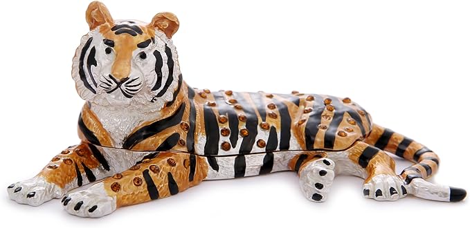 Hand Painted Trinket Box for Home Decor Accents, Enamel Hinged Jewelry Box for Bookshelf Office Table Desk Decoration, Classical Figurine Collectible Keepsake Animal Sculptures (Lying Tiger)