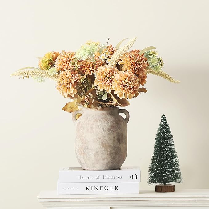 Ceramic Flower Vase Home Decor - 7.6 Inch Farmhouse Rustic Table Vases with Handle Living Room Decoration Decorative Vintage Pottery for Kitchen Shelf Coffee Dining Bookshelf Fireplace Centerpiece