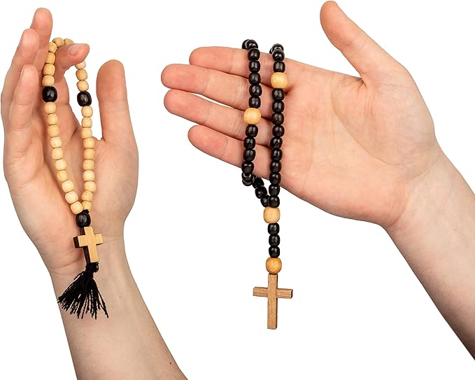 Woodvio Handmade Wooden Wall Cross with Metal Jesus Corpus, Traditional Catholic Crucifix for Wall, Christian Religious Gift with 2 Wooden Rosaries