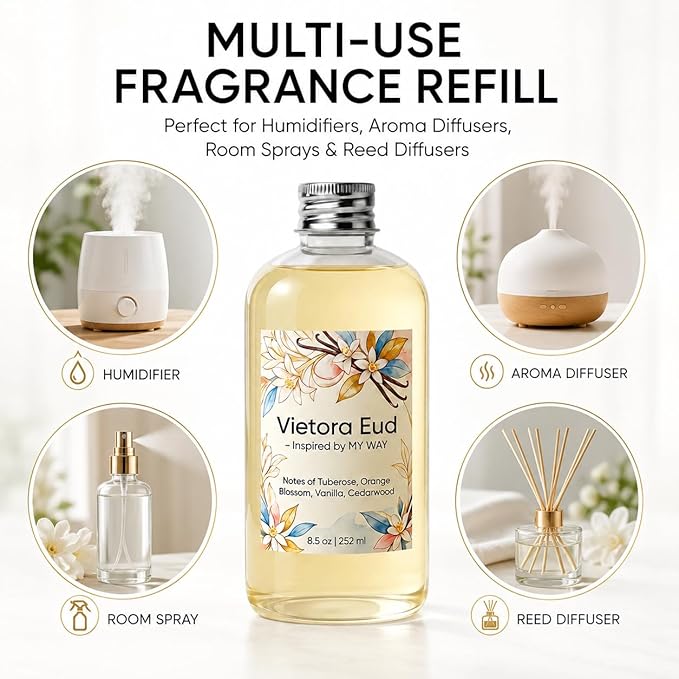Reed Diffuser Oil Refill Inspired by My Way-8.5 Fl Oz, Luxury Hotel Collection Scent, Natural Fragrance Oil for Ultrasonic Diffuser, Room Spray, Air Freshener & HVAC in Home Office (My Way)