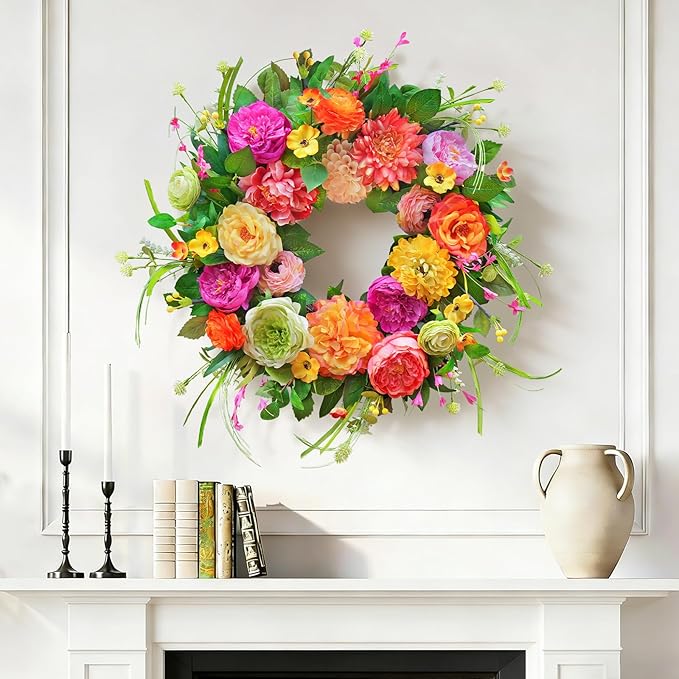 Spring Wreaths for Front Door 24 Inch,Summer Wreath with Rose,Peony,Dahlia,Spring Door Wreath for Holiday Farmhouse Indoor Outdoor Wall Home Decor