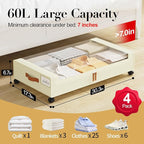 Yecaye Under Bed Storage with Wheels, 4 Pack Under the Bed Storage Containers with Lids & Label, XXL 60L Rolling Underbed Storage Drawers for Clothes, Blankets, Shoes, Beige