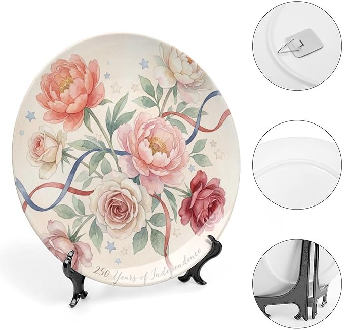 250th Anniversary Decorative Plates 8 Inch Watercolor Floral Patriotic Decorations Commemorative Plates with Stand Memorial Day 4th of July Veterans Day Home & Office