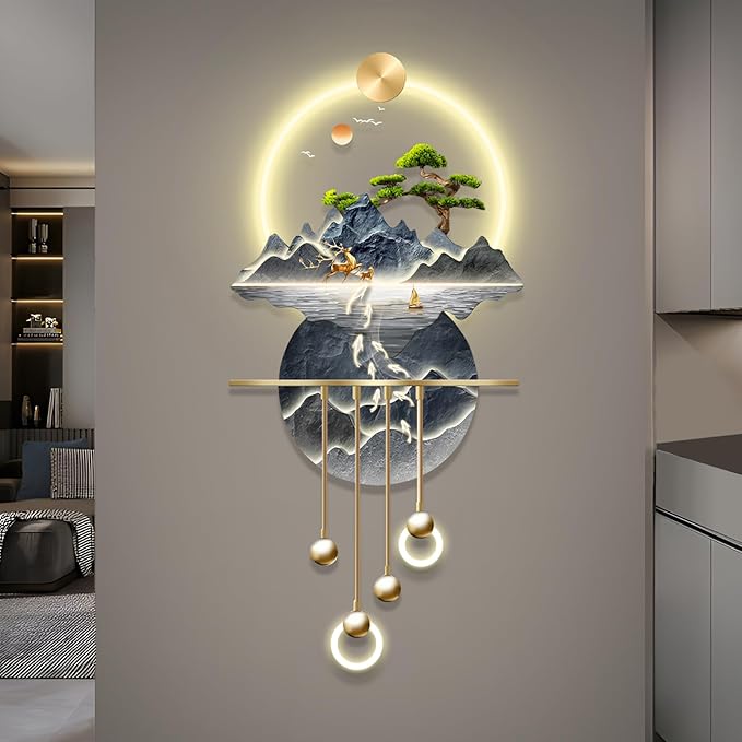 Wall Sculptures 3D Wall Art Decor Landscape Painting Wall Hanging Art with Led Light for Living Room Entrance Corridor (Stylle E)