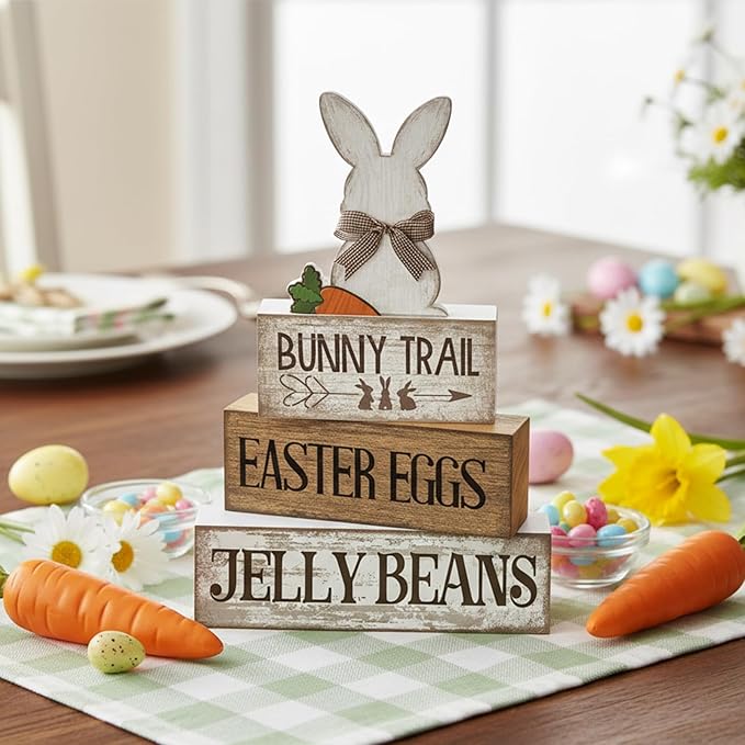 Lineshading 4 Pcs Easter Table Decoration Wooden Rabbit Easter Day Tiered Tray Decor Rustic Wooden Bunny Block Sign Gifts Cute Bunny Centerpiece Farmhouse Holy Week Party Decoration for Home Kitchen