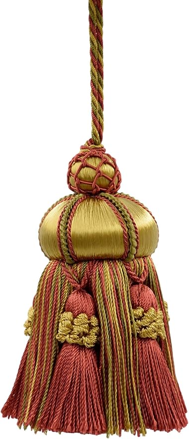 Elegant Hand-Crafted 4" (10cm) Key Tassel, 3 1/2" (8.5cm) Loop Accented with Crown Tassels (Style# KTAX4) Golden Beige Red Multicolor #LX07 (Rust Red, Gold Beige, Red Orange) Pack of 2