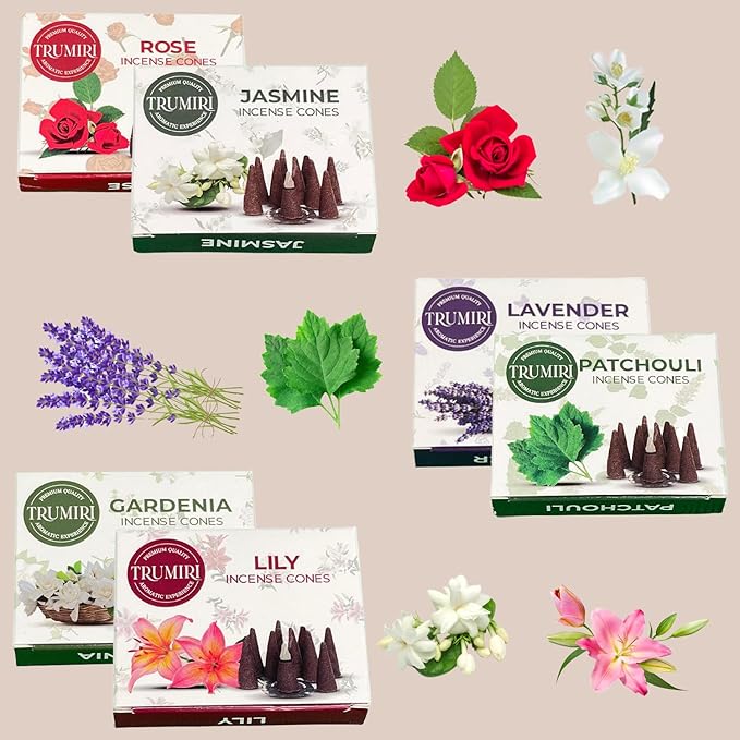 Trumiri Floral Incense Cones - Variety Pack - Total 60 Cone Incense (6 Scents x 10 Conos) - Rose, Lavender, Jasmin, Patchouli, Gardenia, Lily - Cone Incense Scents - Insense Cones - Incent Cone