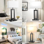 27.2’’ Tall Black Table Lamps for Living Room Bedroom, Bedside Touch Control Lamps with 2 USB Ports&AC Outlet, 3 Color Temp.&Stepless Dimming Desk Lamp Sets for Home Office, Pre-assembled White Shade