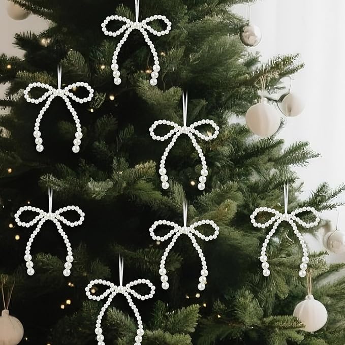 VioraWhite 12 Pcs Pearl Bow Ornaments Bowknot Tree Topper Decor Hanging Ornament Pendant Gift for Wedding Birthday Party Indoor Decoration (White)
