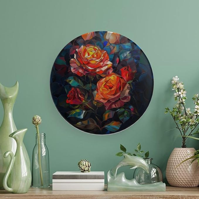 Stained Glass Theme Decorative Ceramic Plate Round Porcelain Plate,7 inch,Roses Pattern,for Decorative Ornaments Giving Plates, 1 Plate with 1 Display Stand,Green Red Orange
