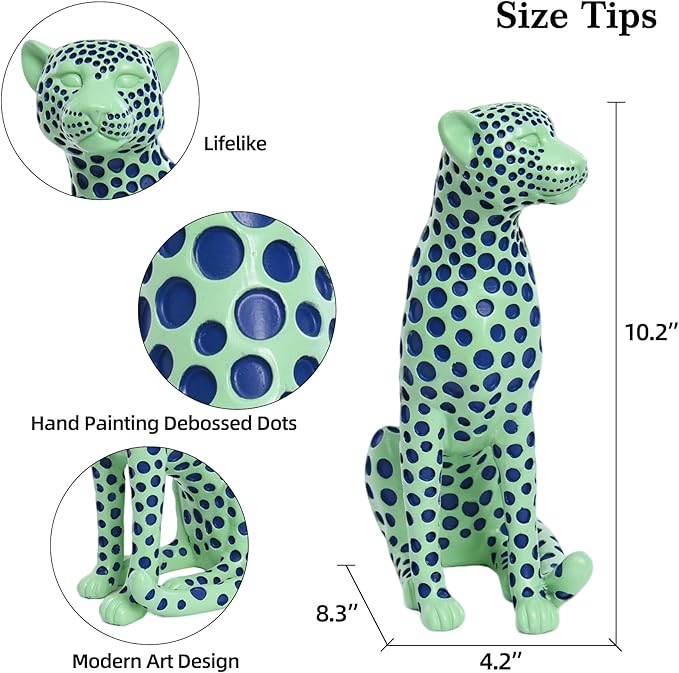 Quoowiit Statues for Home Decor, Modern Sculptures and Statues Decorations for Living Room, Bedroom, Table, Bookshelf, White Resin Leopard Art Decorative Sculpture with Black Polka Dots Design