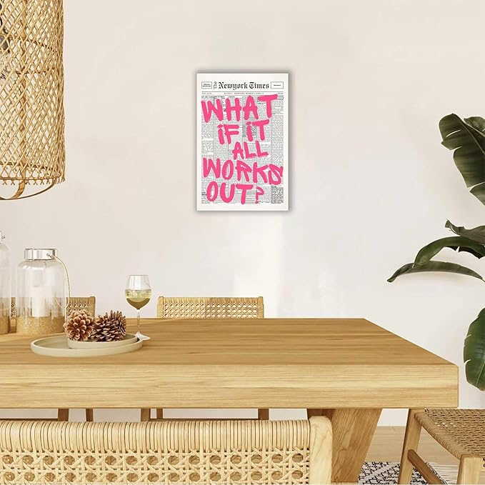 Drimiler Retro Newspaper Pink Font Poster What If It All Works Out Canvas Wall Art Positive Affirming Quote Minimalist Prints Painting For Home Bedroom Dorm Wall Decor 12x18in Wframed