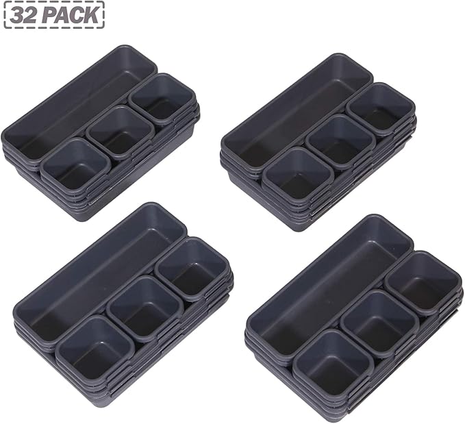 Set of 32 Interlocking Desk Drawer Organizer Tray Dividers Plastic Shallow Narrow Drawers Organizers Separators Storage Bins Container for Kitchen Bathroom Makeup Office Vanity Bedroom Dresser