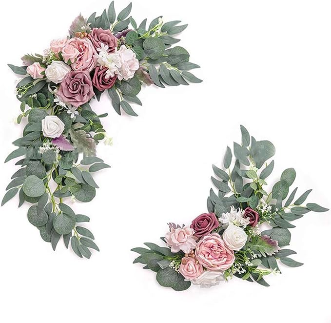 CDQL 2Pcs Wedding Welcome Sign Floral Decoration,Artificial Flower Swag Wedding Arch Decor, Wedding Flower Swag for Wedding Ceremony and Reception Arrangement (Pink)