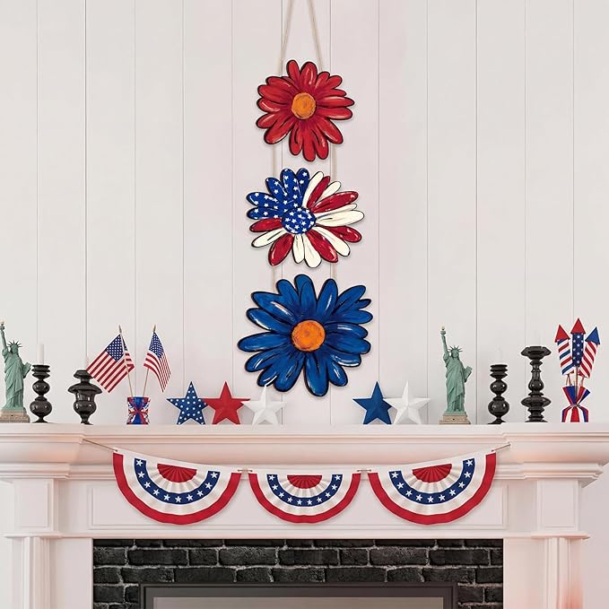 Lineshading 4th of July Decorations Patriotic Decorations Daisy Patriotic Hanging Wreath for 250th Anniversary Wooden Vintage American Hanging Wreaths Door Decor for Memorial Day Porch Wall Decor