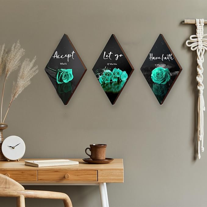 3 Pcs Teal Wall Decor Teal Rose Bathroom Decor Farmhouse Turquoise Bathroom Inspirational Wood Office Wall Art with Accept Let Go Have Faith Sign for Girl Women Living Room Bedroom(12x7 Inch)